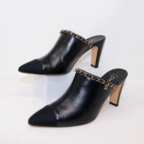 Chanel 38.5 2 Tone Leather Grosgrain Leather Mule Chain CC Detail Heel Boots - Picture 2 of 14